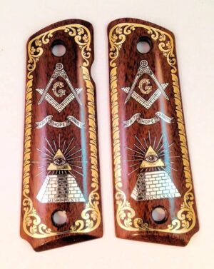 1911 custom wood grips gold silver Masonic All Seeing Eye Mason Logo Scroll