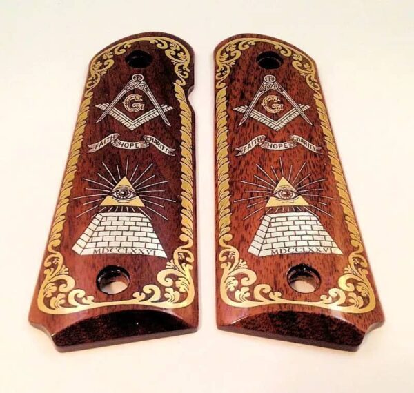 1911 custom wood grips gold silver Masonic All Seeing Eye Mason Logo Scroll