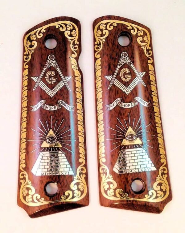 1911 custom wood grips gold silver Masonic All Seeing Eye Mason Logo Scroll