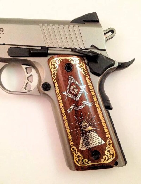 1911 custom wood grips gold silver Masonic All Seeing Eye Mason Logo Scroll