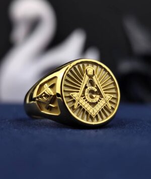 Gold Plated Masonic Signet Ring with G Emblem – Personalized Initial Ring for Master Masons – Custom Freemason Jewelry