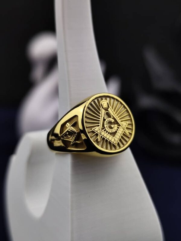 Gold Plated Masonic Signet Ring with G Emblem – Personalized Initial Ring for Master Masons – Custom Freemason Jewelry