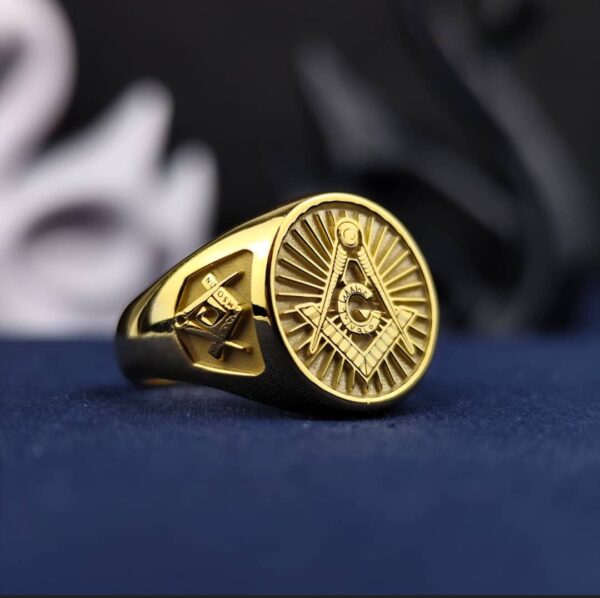 Gold Plated Masonic Signet Ring with G Emblem – Personalized Initial Ring for Master Masons – Custom Freemason Jewelry