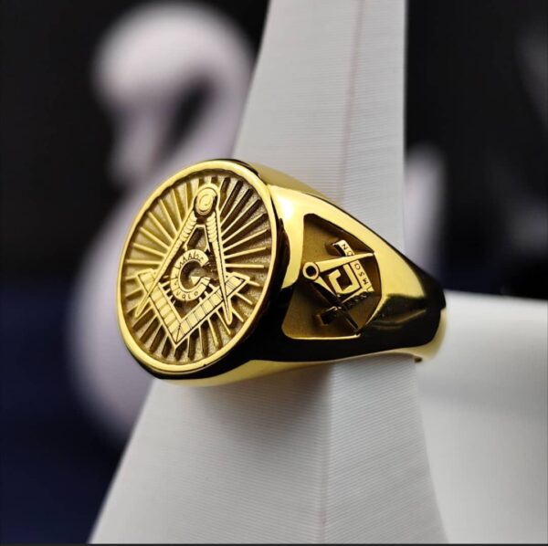 Gold Plated Masonic Signet Ring with G Emblem – Personalized Initial Ring for Master Masons – Custom Freemason Jewelry