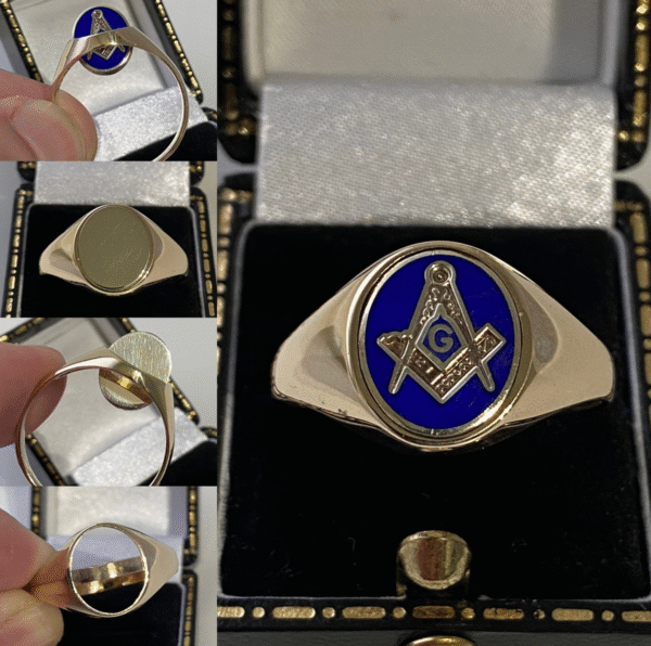 Superb heavy 9ct gold masonic freemason enamel swivel flip ring.